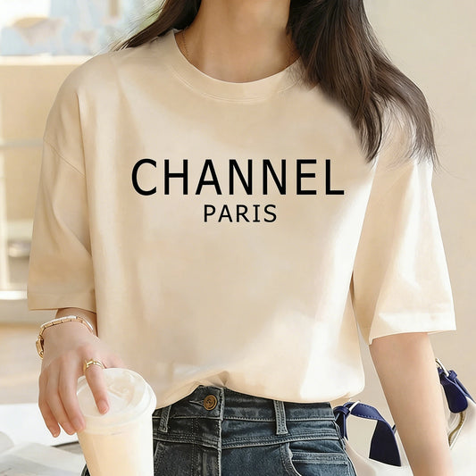 Marque de luxe, T-shirt graphique pour femmes lavable en machine, mode décontractée et élégante CHANNEL, haut à col rond à manches courtes, vêtements pour femmes