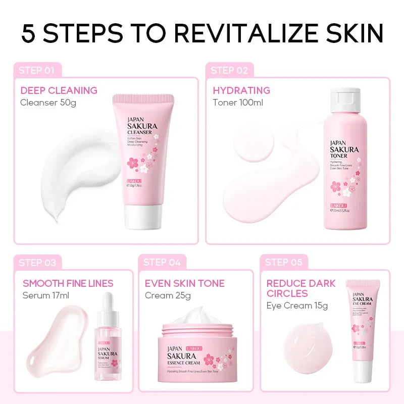 Ensemble de soins de la peau LAIKOU Sakura Kit hydratant et réduisant les ridules, produit nettoyant pour les pores, coffret de 5 pièces, cadeau de la Journée des femmes coréennes