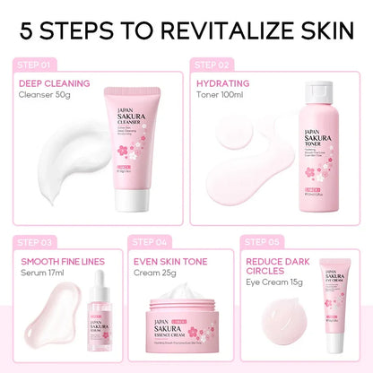 Ensemble de soins de la peau LAIKOU Sakura Kit hydratant et réduisant les ridules, produit nettoyant pour les pores, coffret de 5 pièces, cadeau de la Journée des femmes coréennes