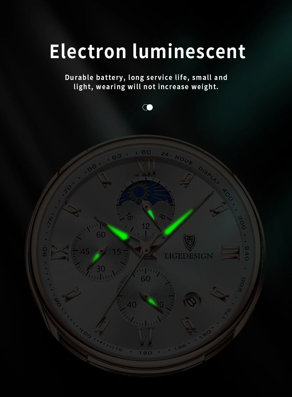Montre-bracelet de luxe pour femme LIGE, bracelet en cuir, étanche, décontractée et sportive, à quartz, avec affichage 24 heures et phase de lune.