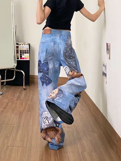 Jean large bleu Y2K pour femme à imprimé ours et graffiti, pantalon en jean vintage Harajuku baggy grunge, vêtements alternatifs