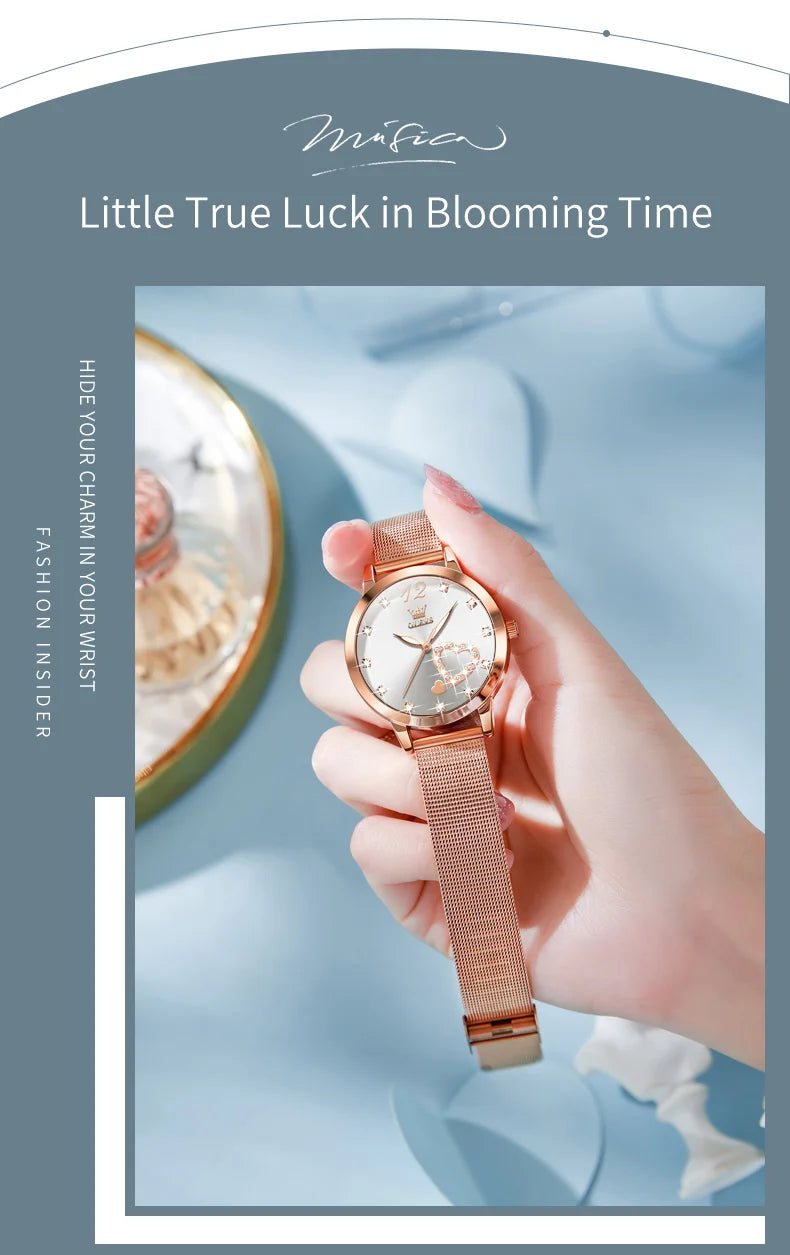 Montre pour femme OLEVS 5189, montre-bracelet à quartz, montre décontractée et tendance pour dames, étanche, lumineuse, bracelet en maille, cadran cœur, index en zircon.
