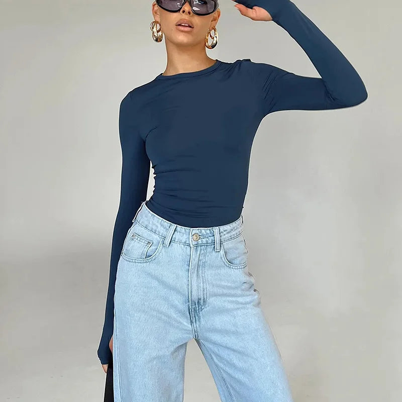 T-shirt femme mode à manches longues, col rond, uni, coupe slim, crop top pour femmes avec trous pour les pouces, pour le quotidien, streetwear d’été, camisoles
