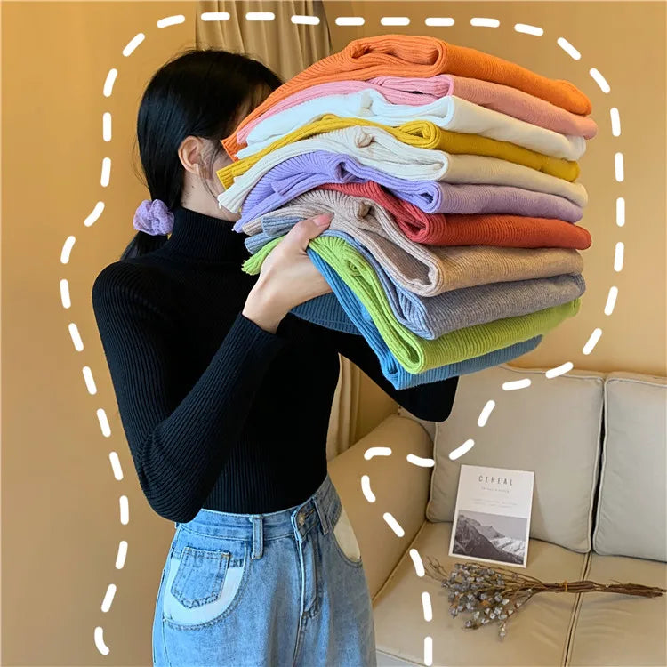 Pull femme automne-hiver 2026 à manches longues en maille, col roulé rabattable côtelé, doux et chaud, jumper pullover vêtements pour femme