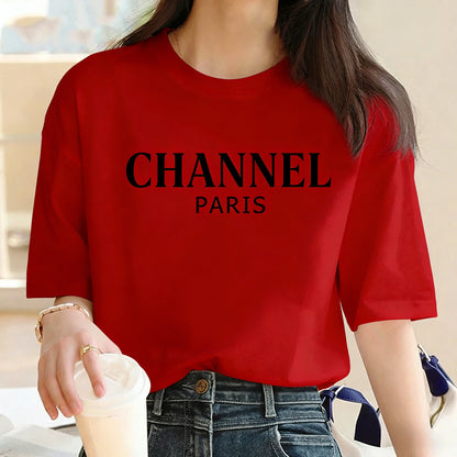 Marque de luxe, T-shirt graphique pour femmes lavable en machine, mode décontractée et élégante CHANNEL, haut à col rond à manches courtes, vêtements pour femmes