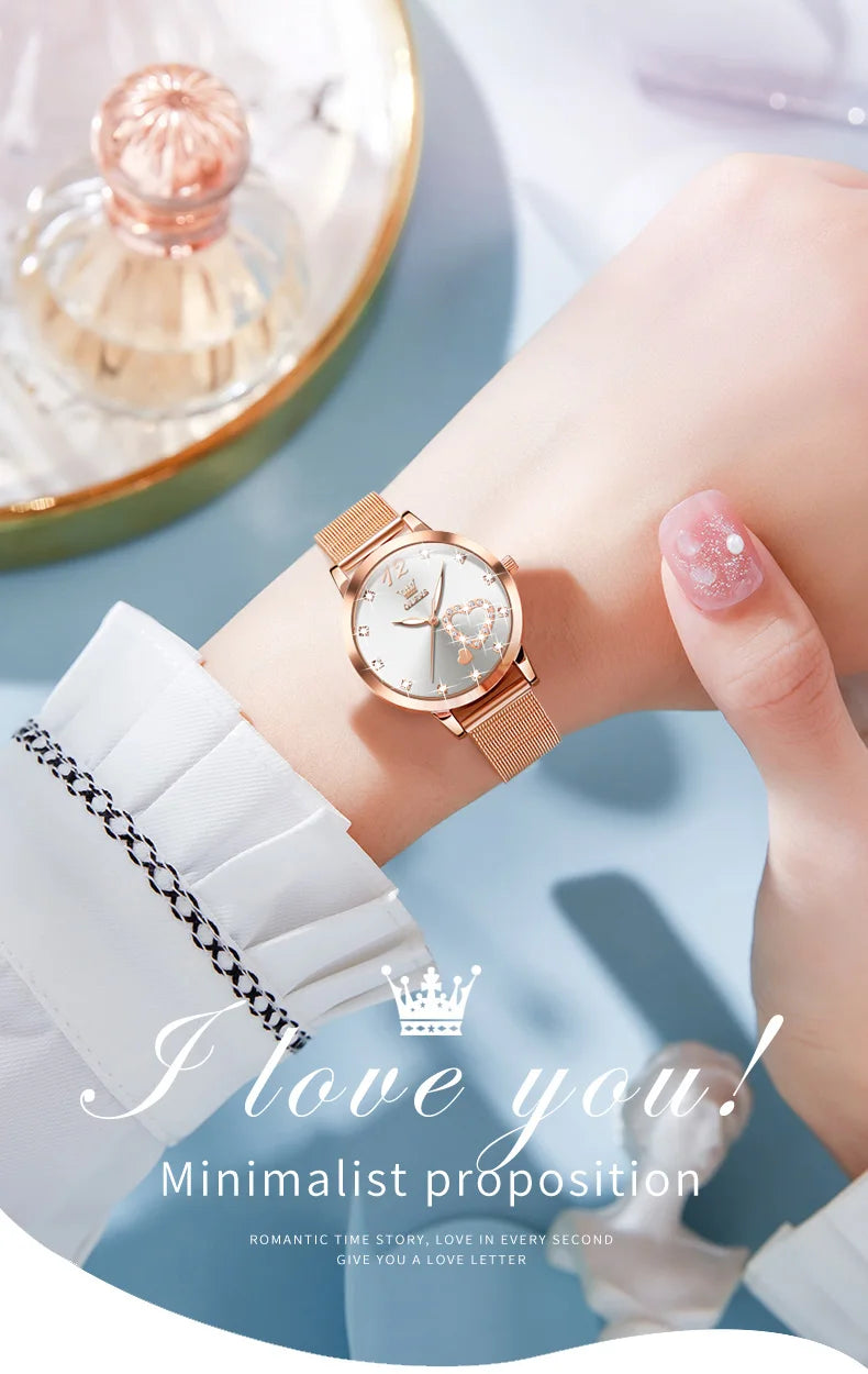 Montre pour femme OLEVS 5189, montre-bracelet à quartz, montre décontractée et tendance pour dames, étanche, lumineuse, bracelet en maille, cadran cœur, index en zircon.