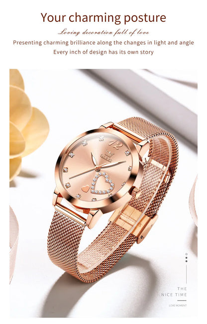 Montre pour femme OLEVS 5189, montre-bracelet à quartz, montre décontractée et tendance pour dames, étanche, lumineuse, bracelet en maille, cadran cœur, index en zircon.