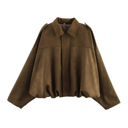 ETJ 2025 nouvelle veste bomber femme de printemps à effet suédine, coupe ample, col à revers, style mode, épaules marquéess