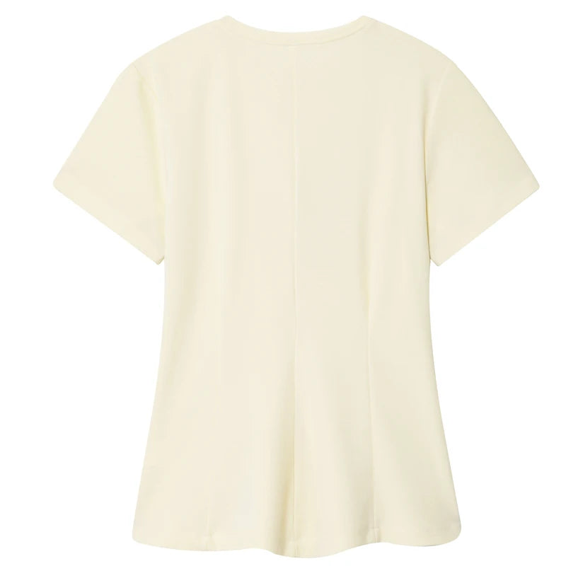 T-shirt femme d'été beige violet à manches courtes, haut élégant féminin plissé effet amincissant, nouveau haut femme printemps 2026