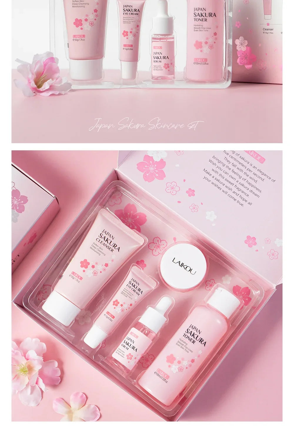 Ensemble de soins de la peau LAIKOU Sakura Kit hydratant et réduisant les ridules, produit nettoyant pour les pores, coffret de 5 pièces, cadeau de la Journée des femmes coréennes