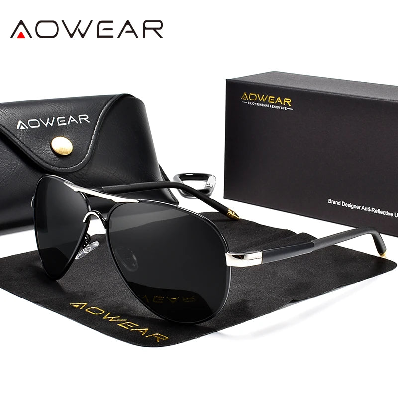 AOWEAR Lunettes d’aviation pour homme, lunettes de soleil polarisées miroir HD pour homme, lunettes de pilote pour la conduite, lunettes de soleil homme