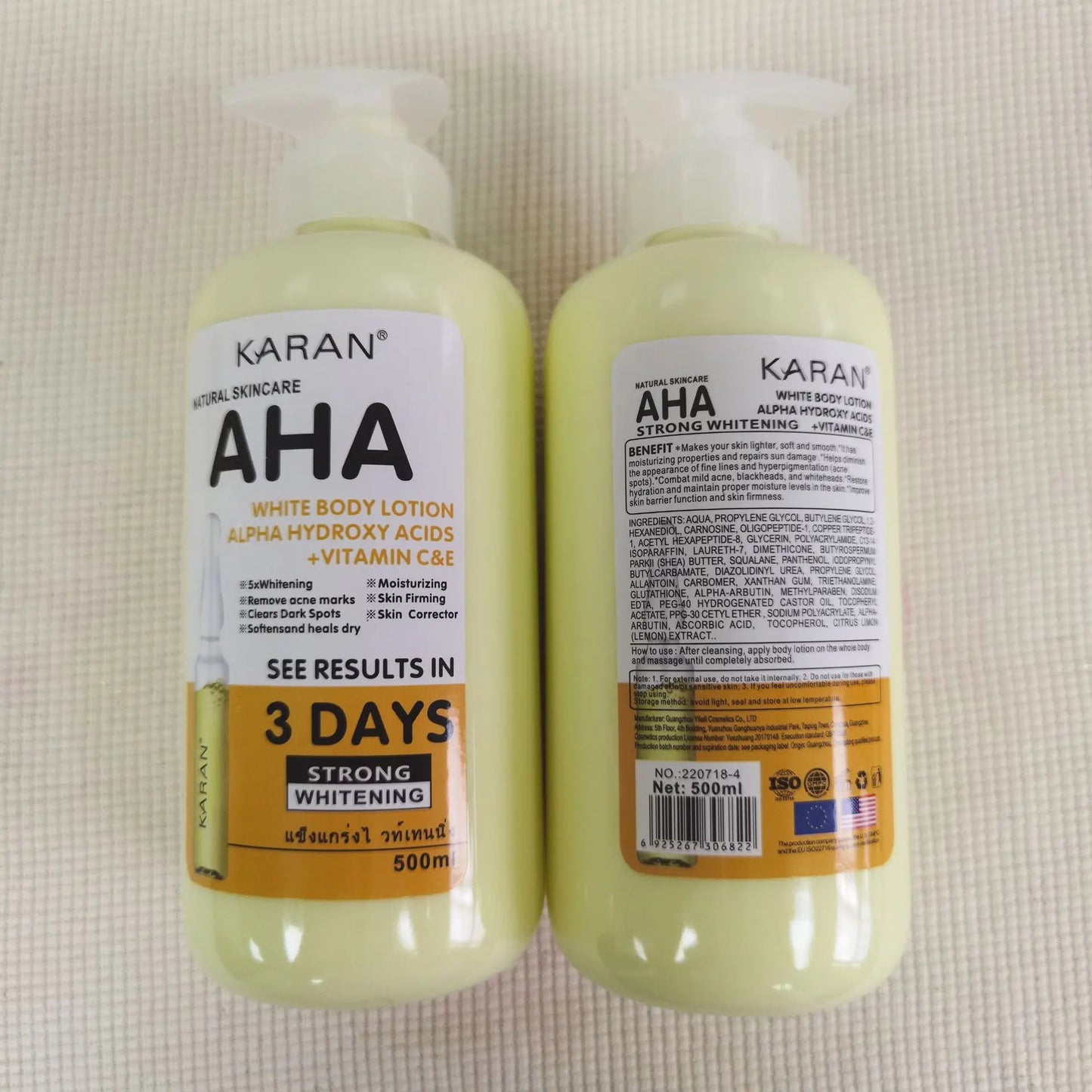 Lotion corporelle blanchissante 500 ml aux acides hydroxy AHA, vitamines C et E, lotion corporelle hydratante éclaircissante, élimine les marques d’acné, soin de la peau
