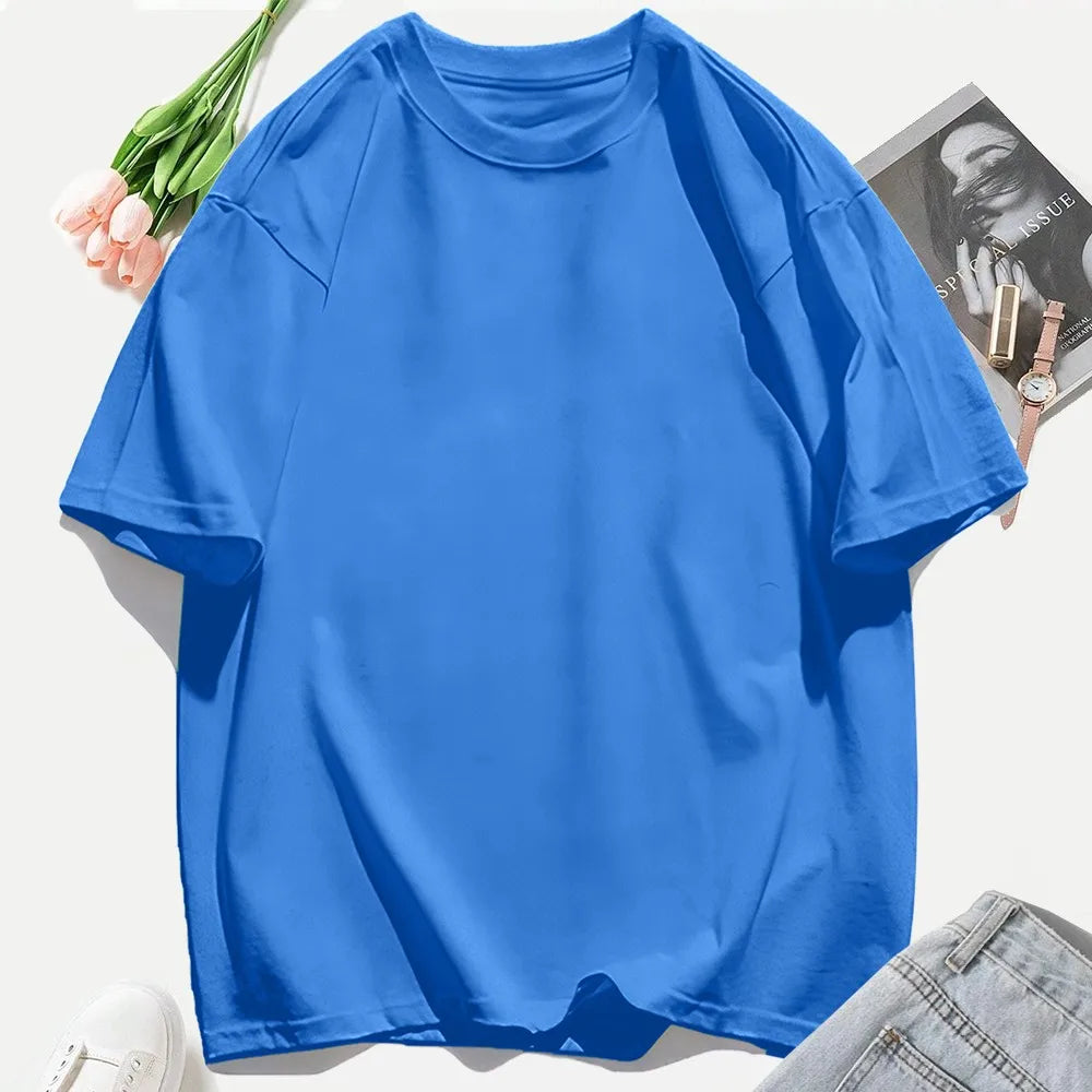T-shirt femme Y2K 100 % coton, t-shirt décontracté de couleur unie, col rond, hauts d’été pour femmes, mode oversize, sportswear féminin tendance.