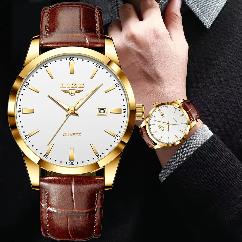 Montre Homme LIGE Nouvelle Montre de Luxe en Cuir Marron pour Homme, Montre Homme Mode Business, Montre Sport d’Extérieur Étanche à Quartz pour Homme