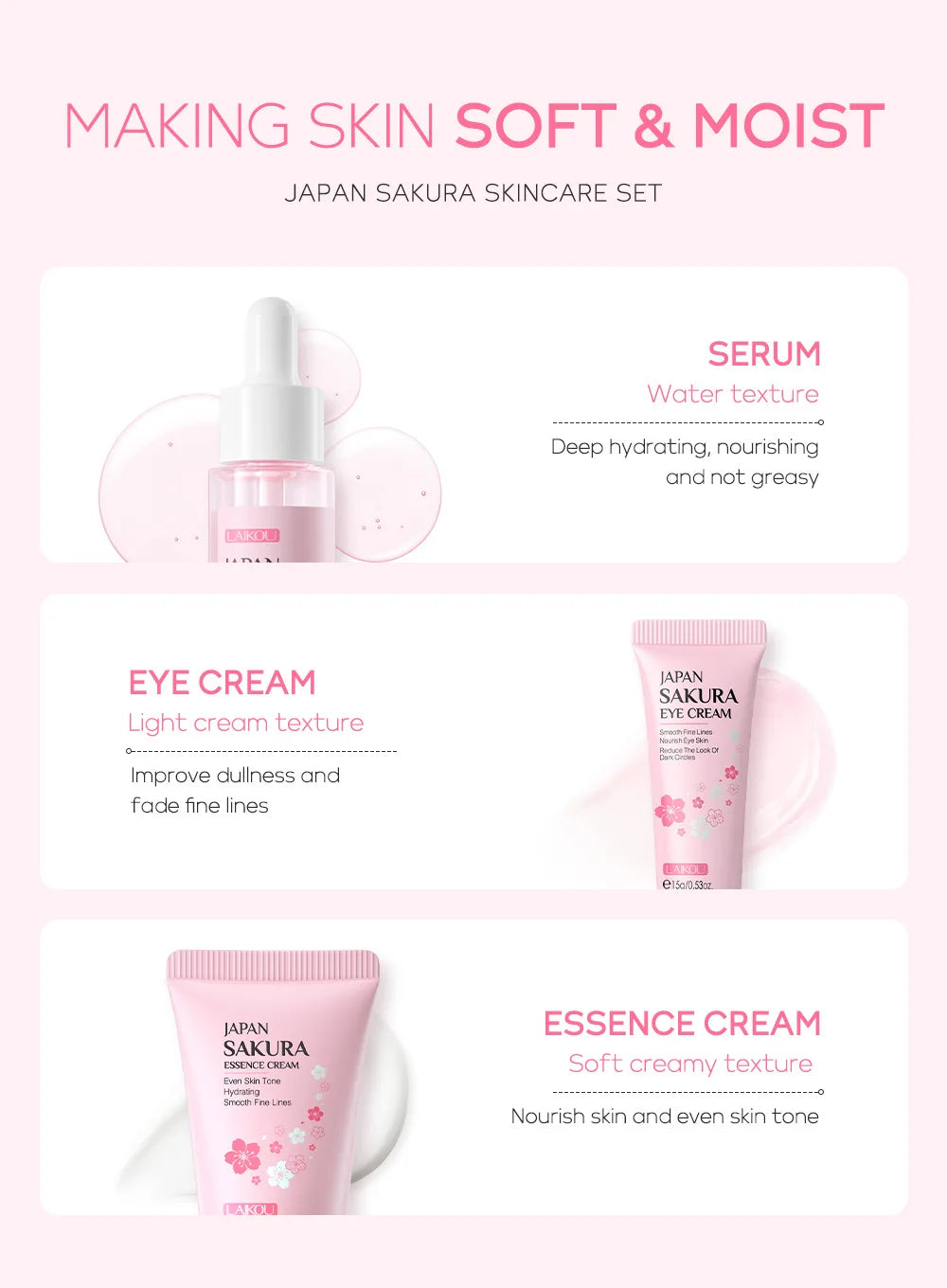 Ensemble de soins de la peau à la vitamine C LAIKOU 3 pièces : crème pour le visage, sérum et crème contour des yeux, hydratant, anti-rides, kit de soins du visage