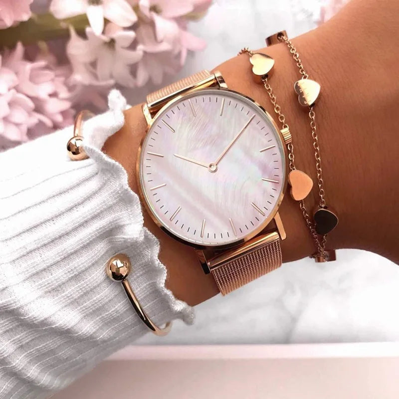 Montres pour femmes tendance de luxe à quartz en alliage pour femme, bracelet en maille métallique, montre simple pour femme, horloge féminine, montre femme
