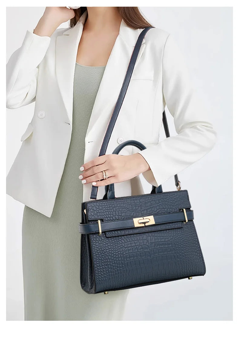 Sac à main pour femme en cuir véritable de vachette, convertible en port bandoulière et épaule, avec foulard en soie, sac fourre-tout à motif crocodile