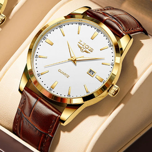 Montre Homme LIGE Nouvelle Montre de Luxe en Cuir Marron pour Homme, Montre Homme Mode Business, Montre Sport d’Extérieur Étanche à Quartz pour Homme