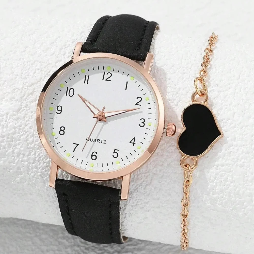 Montre femme mode décontractée avec bracelet, ensemble de montres, bracelet en cuir, cadran rond simple, montre-bracelet à quartz pour femme, montre habillée, horloge, montre femme