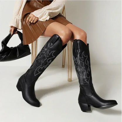 Bottes de chevalier à bout pointu pour femmes en cuir PU marron, bottes hautes jusqu’au genou pour femme, style western cowboy automne-hiver, longues bottes mujer 2024