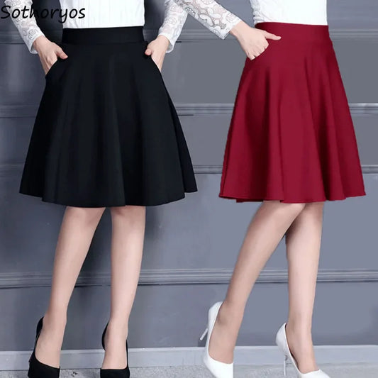 Jupes pour femmes populaires M-3XL jupe mi-longue plissée unie avec poches, taille élastique, tendance, facile à assortir, style femme de bureau, douce pour la peau, élégante