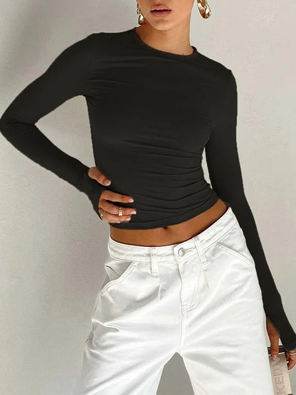 T-shirt femme mode à manches longues, col rond, uni, coupe slim, crop top pour femmes avec trous pour les pouces, pour le quotidien, streetwear d’été, camisoles