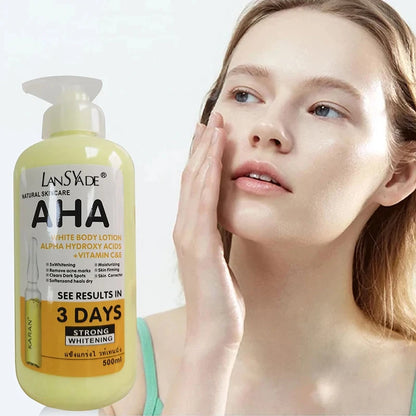 Lotion corporelle blanchissante 500 ml aux acides hydroxy AHA, vitamines C et E, lotion corporelle hydratante éclaircissante, élimine les marques d’acné, soin de la peau