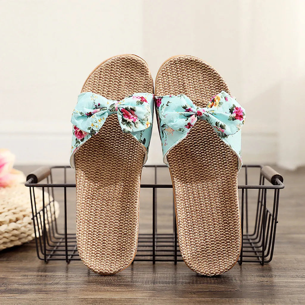 Chaussures pour femme Sandales Mujer Femmes Féminines Nœud décoratif Lin en toile Tongs Chaussures de plage Sandales Pantoufles Chaussures Femme