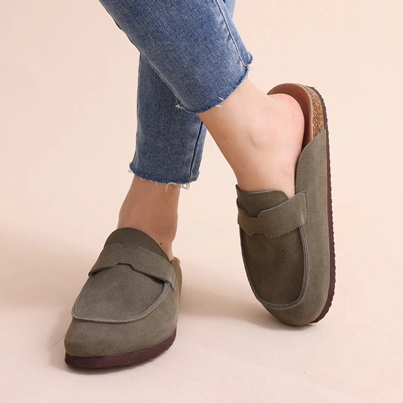 Litfun Nouveaux sabots pour femmes, mules en suède de liège tendance pour femmes, chaussons classiques en liège antidérapants pour l’extérieur avec soutien de la voûte plantaire