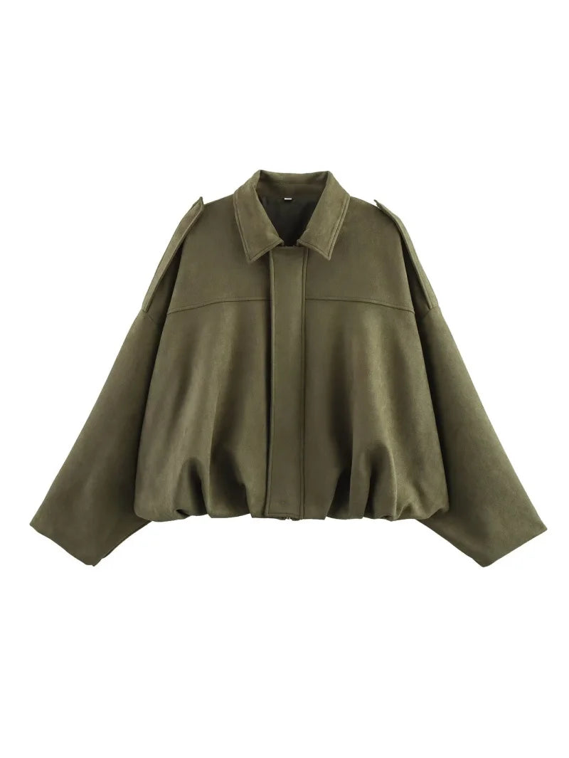 ETJ 2025 nouvelle veste bomber femme de printemps à effet suédine, coupe ample, col à revers, style mode, épaules marquéess
