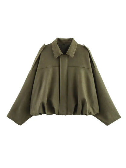 ETJ 2025 nouvelle veste bomber femme de printemps à effet suédine, coupe ample, col à revers, style mode, épaules marquéess