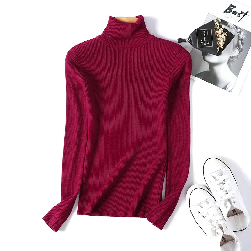 Pull femme automne-hiver 2026 à manches longues en maille, col roulé rabattable côtelé, doux et chaud, jumper pullover vêtements pour femme