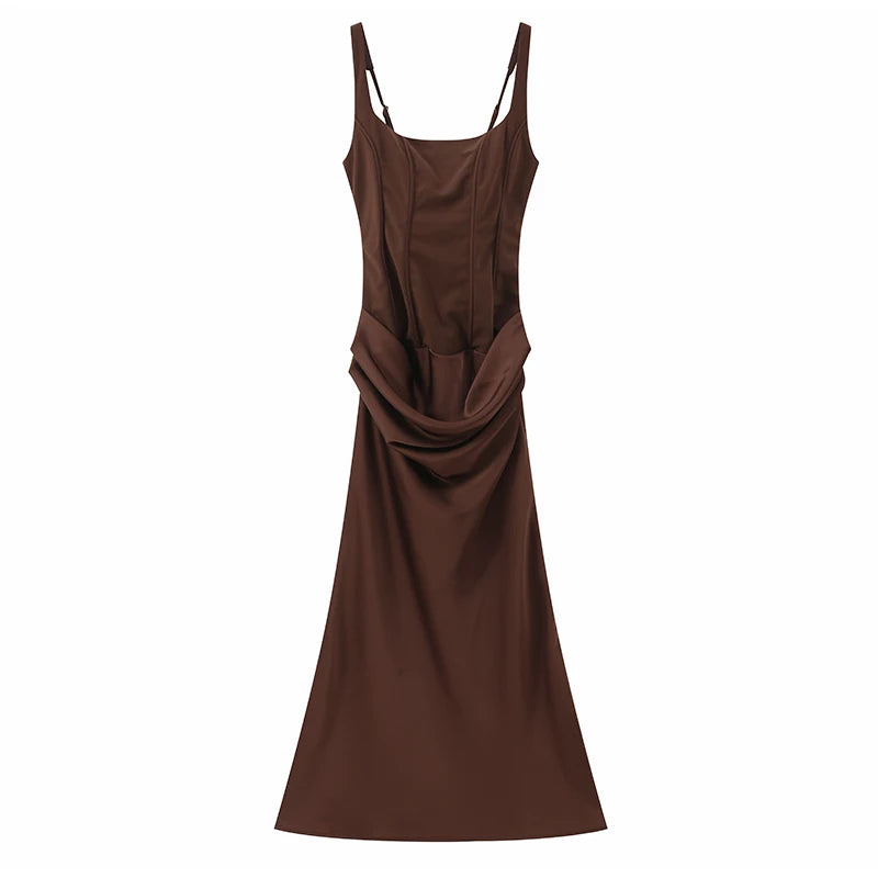 Robe à bretelles plissée unie pour femme col carré sans manches épaules dénudées cintrée à la taille effet amincissant robe de soirée et de fête pour femme 2025