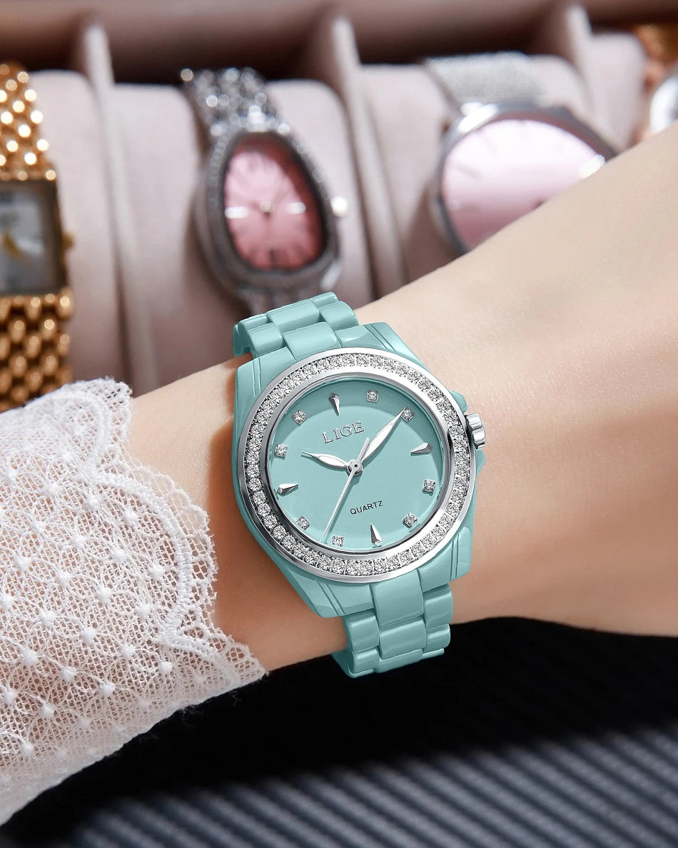 Montre pour femme LIGE 2026 nouvelle montre élégante en céramique à quartz, montre tendance étanche avec affichage lumineux, montre-bracelet pour femme + BOÎTE