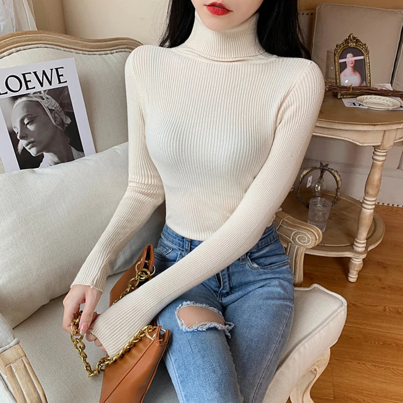 Pull femme automne-hiver 2026 à manches longues en maille, col roulé rabattable côtelé, doux et chaud, jumper pullover vêtements pour femme