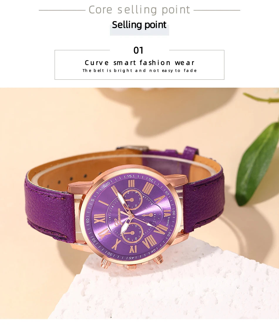 Montre Femme Fashion Montres pour Femmes Bracelet en Cuir Violet Quartz Montre-Bracelet pour Femmes Montre Décontractée et Professionnelle Relogio Feminino