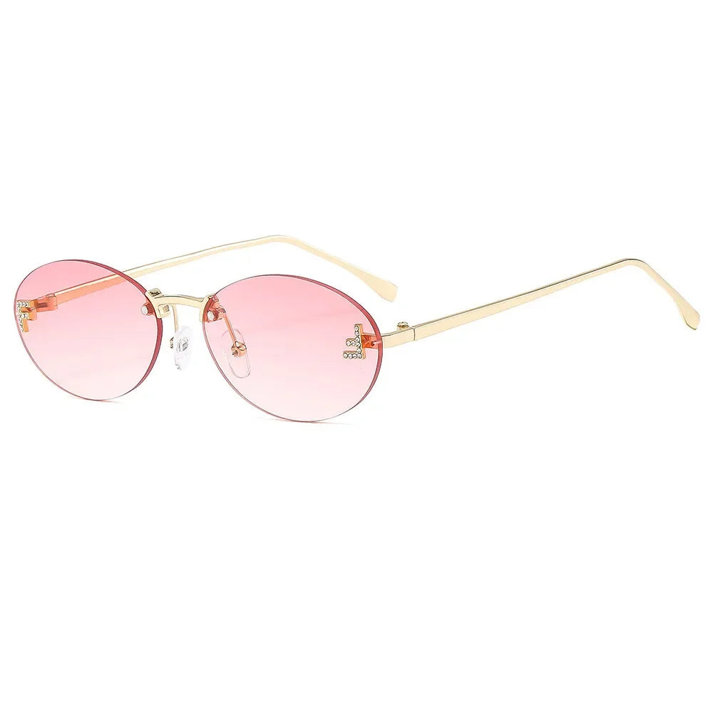 Lunettes de soleil de créateur de marque de luxe sans monture pour femmes, ovales rétro de petite taille, monture métallique, lunettes de soleil pour extérieur, style décontracté vacances, UV400 #300371