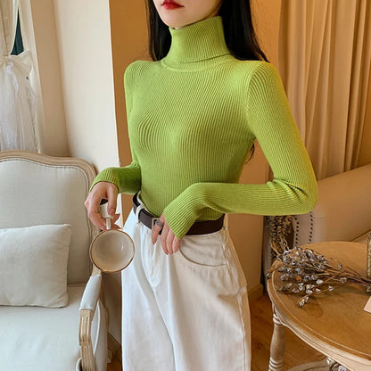Pull femme automne-hiver 2026 à manches longues en maille, col roulé rabattable côtelé, doux et chaud, jumper pullover vêtements pour femme