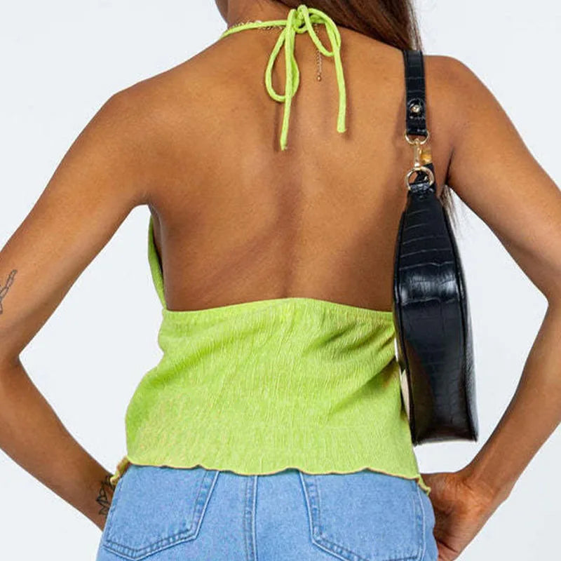 Hauts courts à col licou pour femmes été, hauts verts de couleur unie style bandage à devant ouvert, dos nu et sans manches, streetwear Y2K