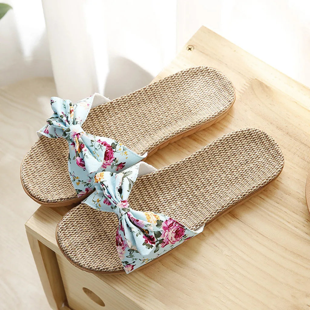 Chaussures pour femme Sandales Mujer Femmes Féminines Nœud décoratif Lin en toile Tongs Chaussures de plage Sandales Pantoufles Chaussures Femme