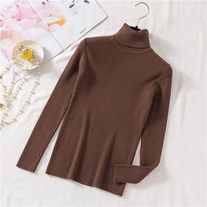 Pull femme automne-hiver 2026 à manches longues en maille, col roulé rabattable côtelé, doux et chaud, jumper pullover vêtements pour femme