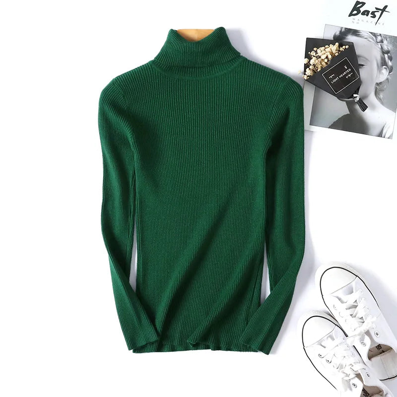 Pull femme automne-hiver 2026 à manches longues en maille, col roulé rabattable côtelé, doux et chaud, jumper pullover vêtements pour femme