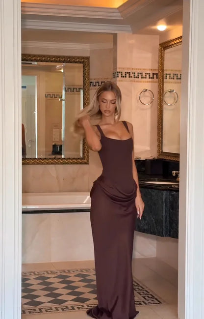 Robe à bretelles plissée unie pour femme col carré sans manches épaules dénudées cintrée à la taille effet amincissant robe de soirée et de fête pour femme 2025