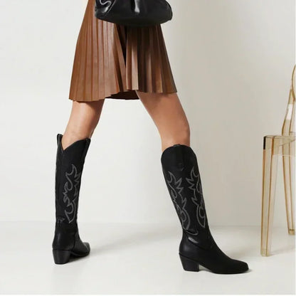Bottes de chevalier à bout pointu pour femmes en cuir PU marron, bottes hautes jusqu’au genou pour femme, style western cowboy automne-hiver, longues bottes mujer 2024