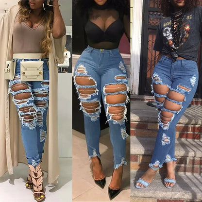 Jeans à trous pour femmes, pantalon crayon en denim, streetwear délavé, skinny extensible, taille haute, effet usé et déchiré, pantalon longueur cheville 2025