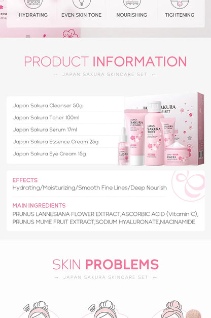 Ensemble de soins de la peau LAIKOU Sakura Kit hydratant et réduisant les ridules, produit nettoyant pour les pores, coffret de 5 pièces, cadeau de la Journée des femmes coréennes