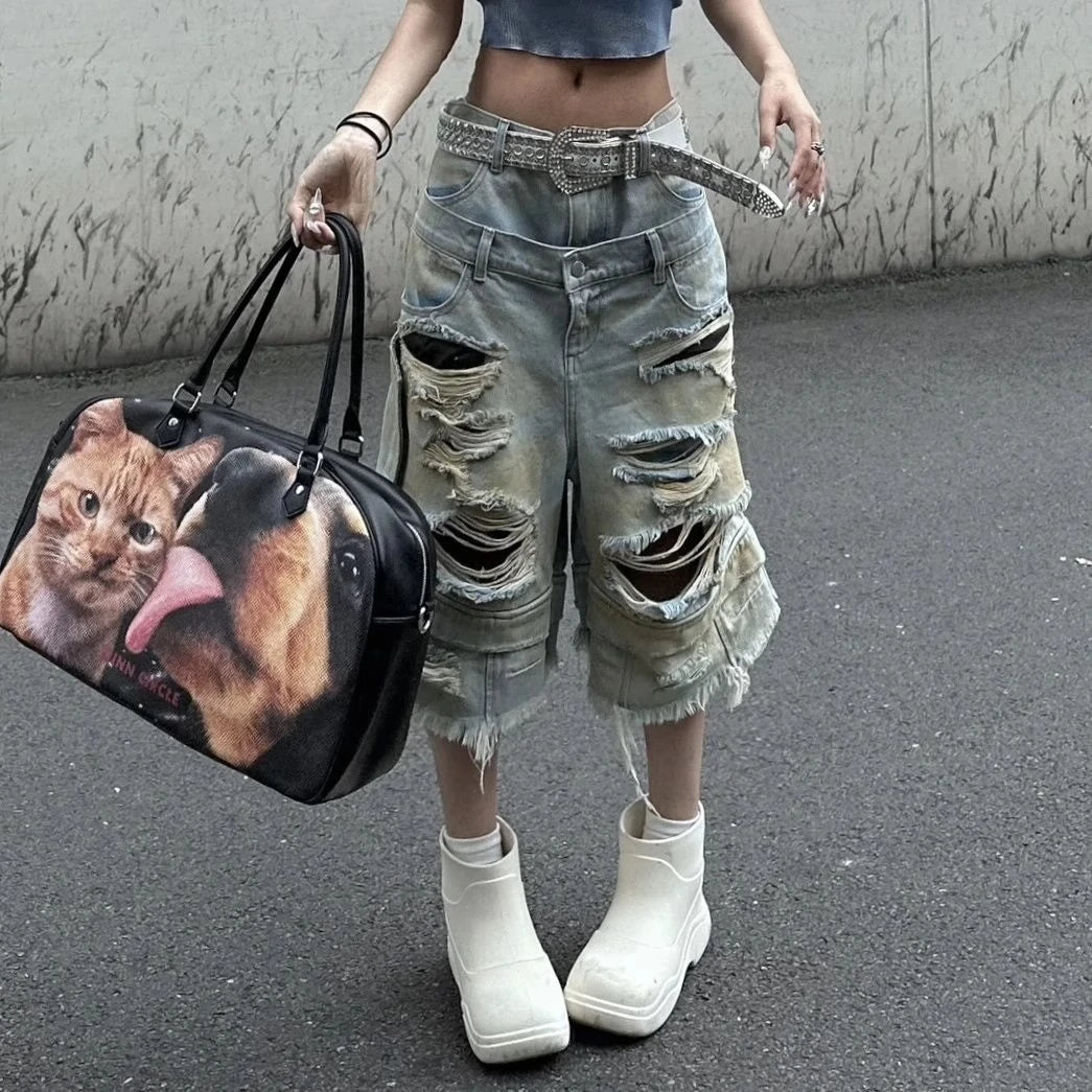 Jeans déchirés Y2K pour femmes style Harajuku Wasteland pantalon en denim baggy pantalon jean vintage boyfriend oversize vêtements japonais des années 2000
