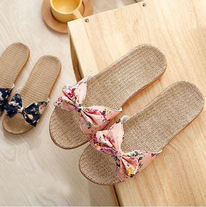 Chaussures pour femme Sandales Mujer Femmes Féminines Nœud décoratif Lin en toile Tongs Chaussures de plage Sandales Pantoufles Chaussures Femme