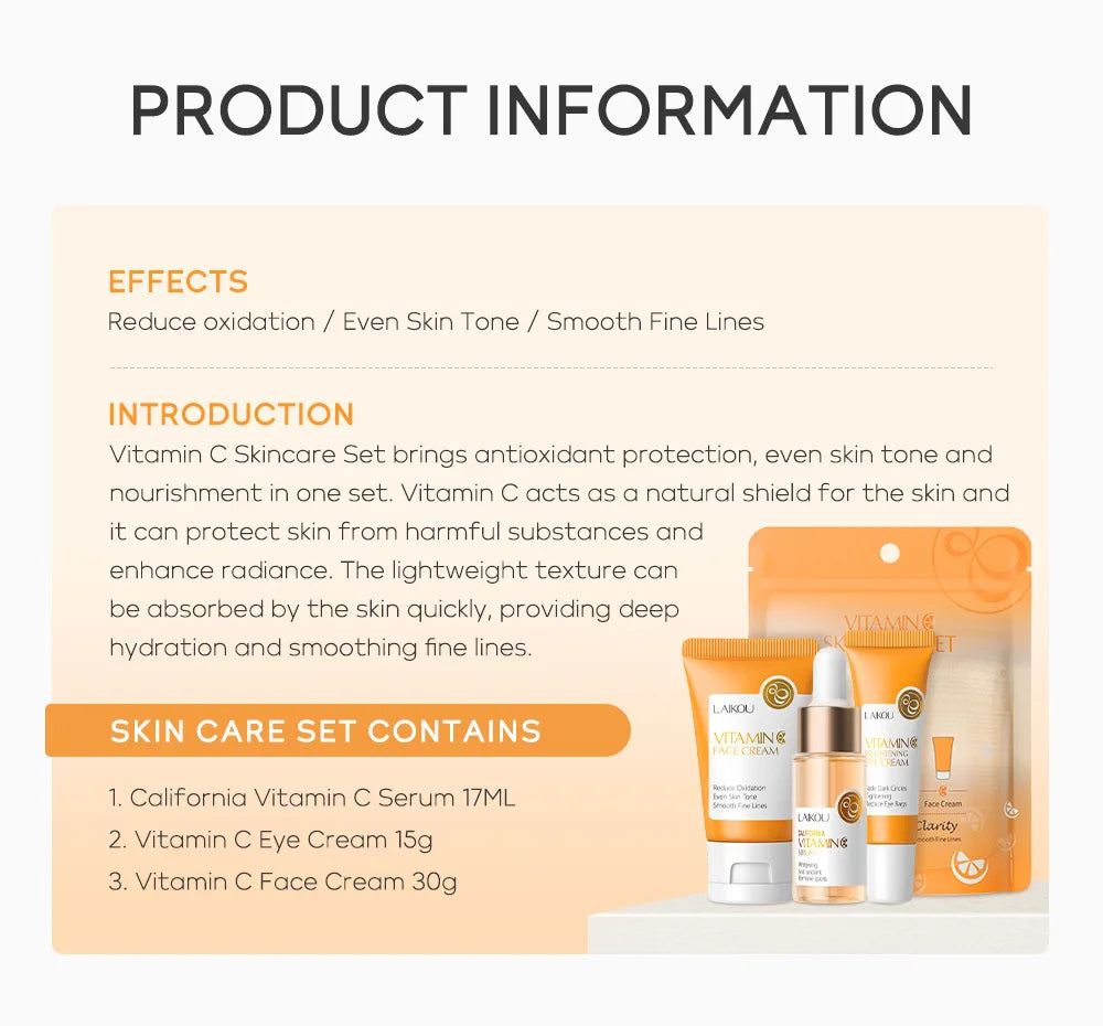 Ensemble de soins de la peau à la vitamine C LAIKOU 3 pièces : crème pour le visage, sérum et crème contour des yeux, hydratant, anti-rides, kit de soins du visage
