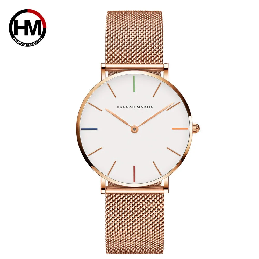 Montre pour femme HANNAH MARTIN en acier inoxydable de qualité, mouvement à quartz japonais, étanche, 36 mm, entièrement or rose, idéale pour le dropshipping.